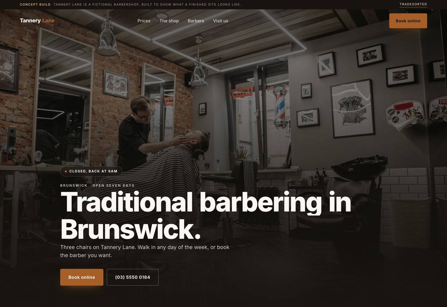The Tannery Lane Barbers concept build as it renders on screen